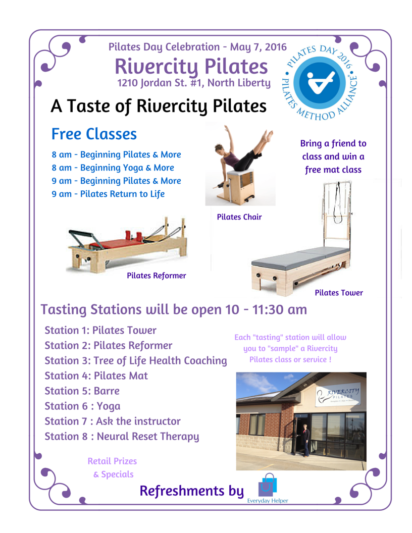 Visit our Rivercity Pilates Tasting Circuit to learn about & try Pilates, Barre, Yoga and Neural Reset Therapy and earn a Sparkle Bag of goodies!! (1)